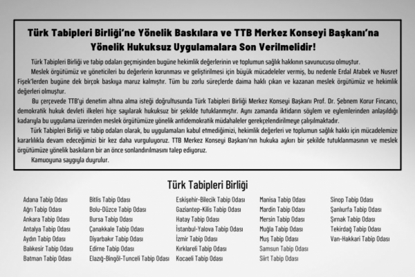 TTB Merkez Konseyi ve Tabip Odaları: Baskıları ve Hukuksuz Uygulamaları Kabul Etmiyor, Hekimlik Değerlerine ve Toplumun Sağlığına Sahip Çıkıyoruz!